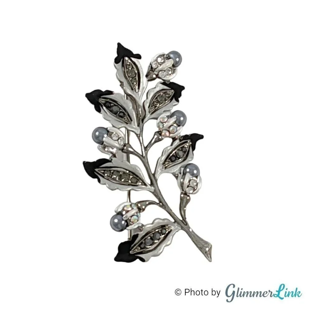 Vintage Two Tone Rhinestone Leaf Faux Pearl Branch Brooch